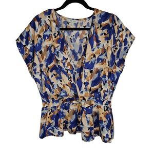 Nine West Blue Abstract Painterly Peplum Wrap Blouse L Abstract Flowy Top
